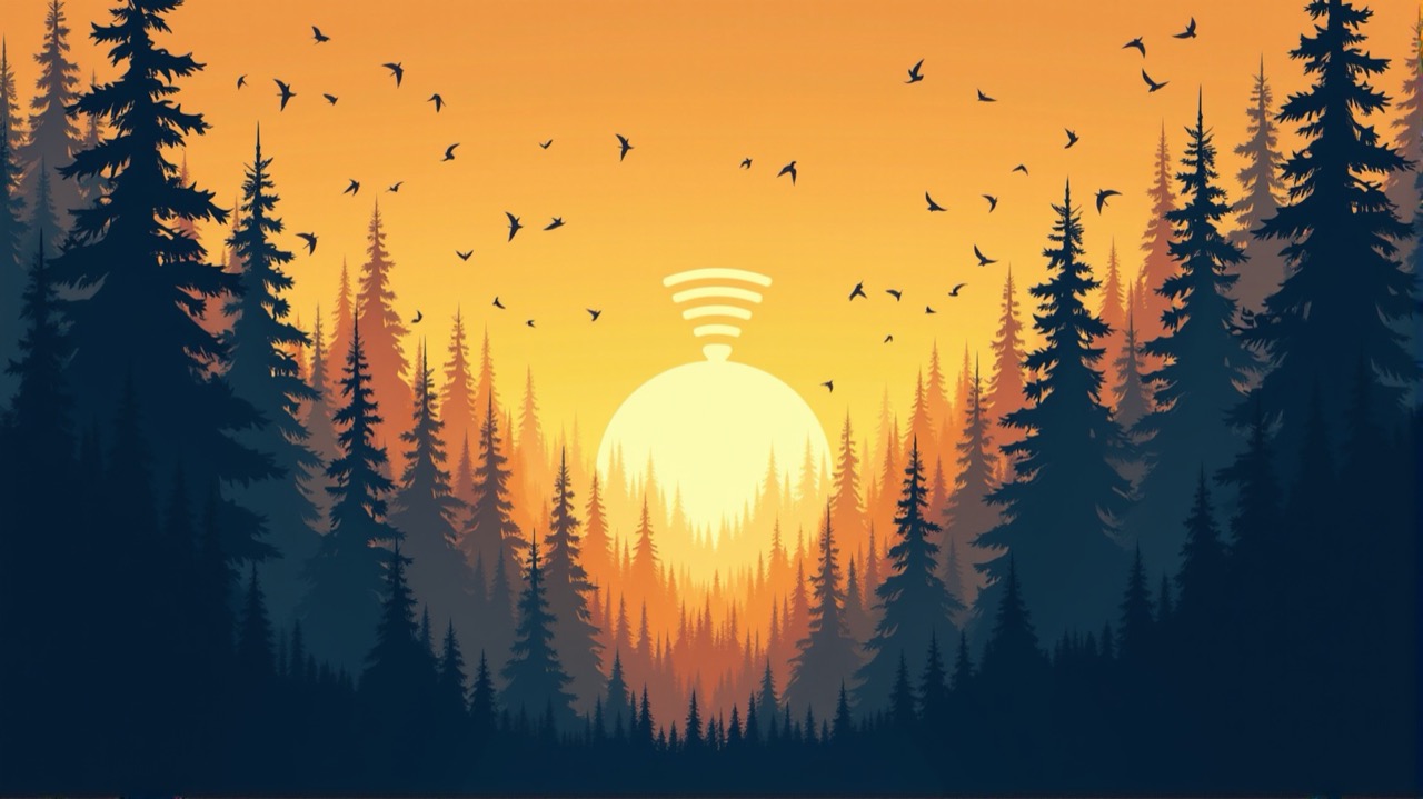 A wilderness at dawn, songbirds silhouetted against a golden sunrise with broadcast waves rising into the sky