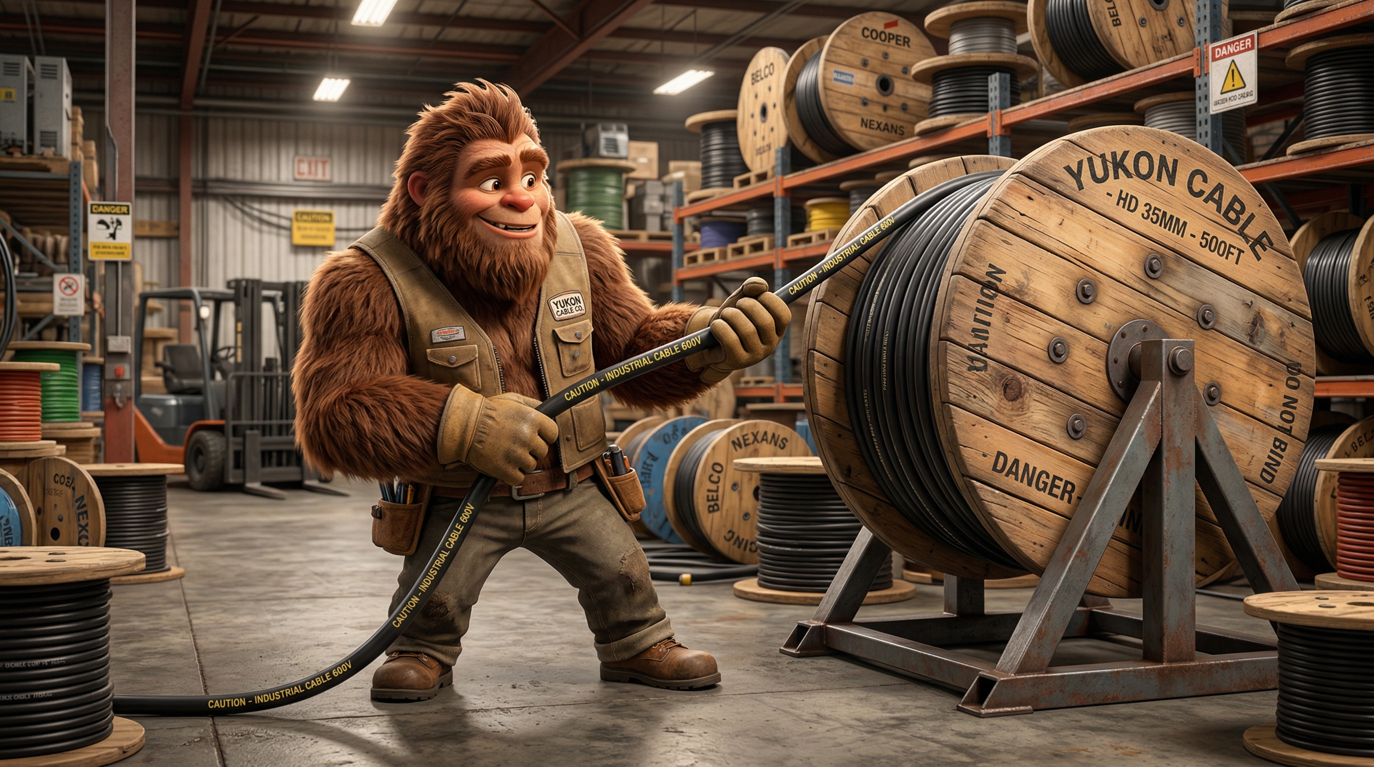 3D Sasquatch pulling cable off a reel