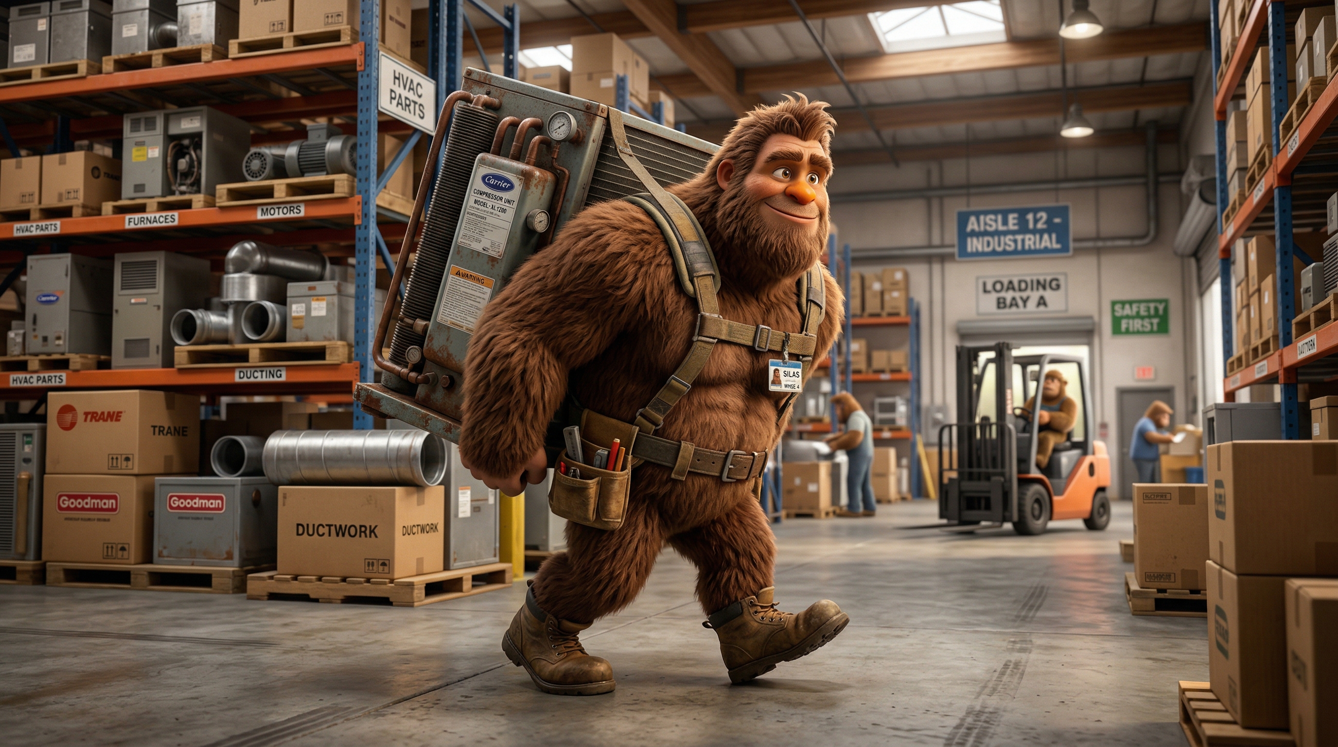 3D Sasquatch carrying HVAC equipment